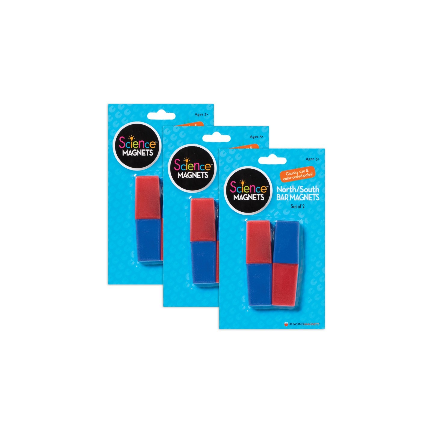 Dowling Magnets® North/South Bar Magnets 3", Red/Blue Poles, 2 Per Pack, 3 Packs