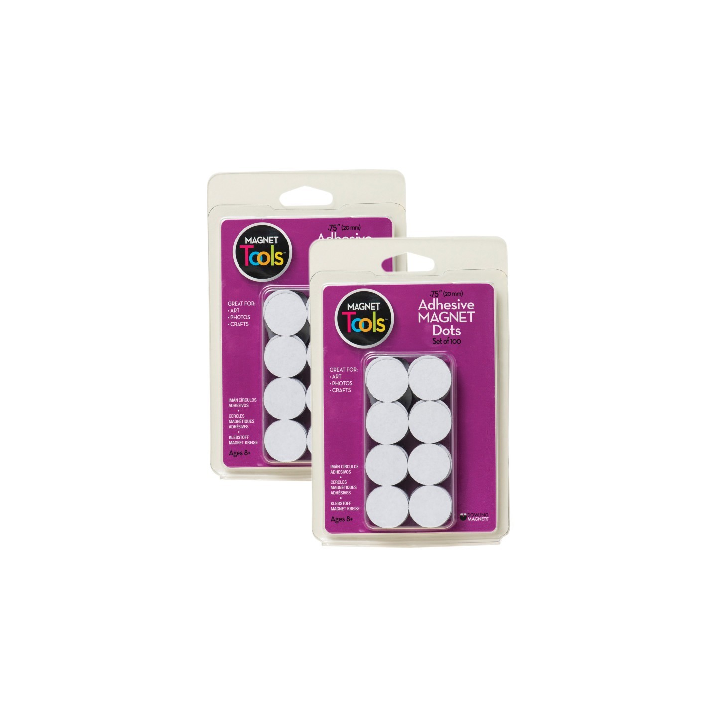 Dowling Magnets® Adhesive Magnet Dots, 3/4" Diameter, 100 Per Pack, 2 Packs