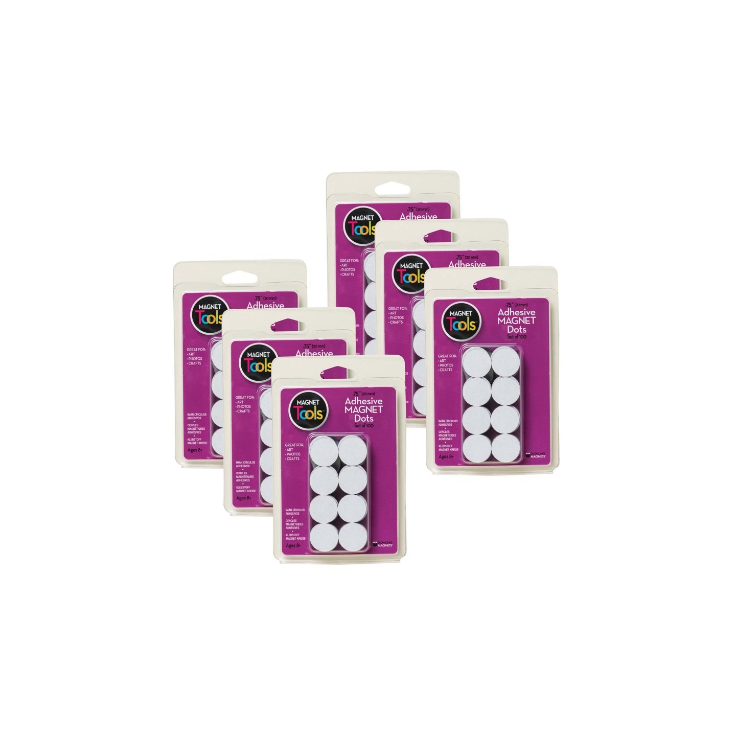 Dowling Magnets® Adhesive Magnet Dots, 3/4", 100 Per Pack, 6 Packs