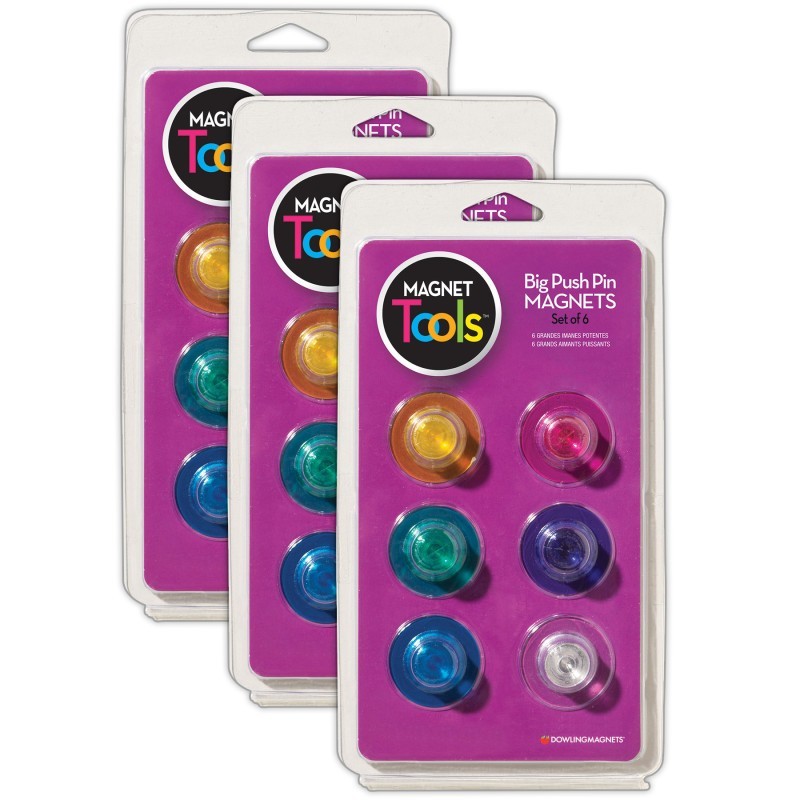 Dowling Magnets® Magnet Tools Big Push Pin Magnets, 6 Per Pack, 3 Packs