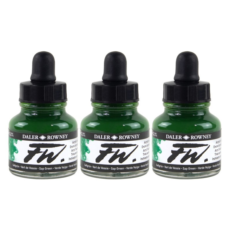 Daler-Rowney FW Acrylic Ink, Sap Green, 29.5ml, Pack of 3