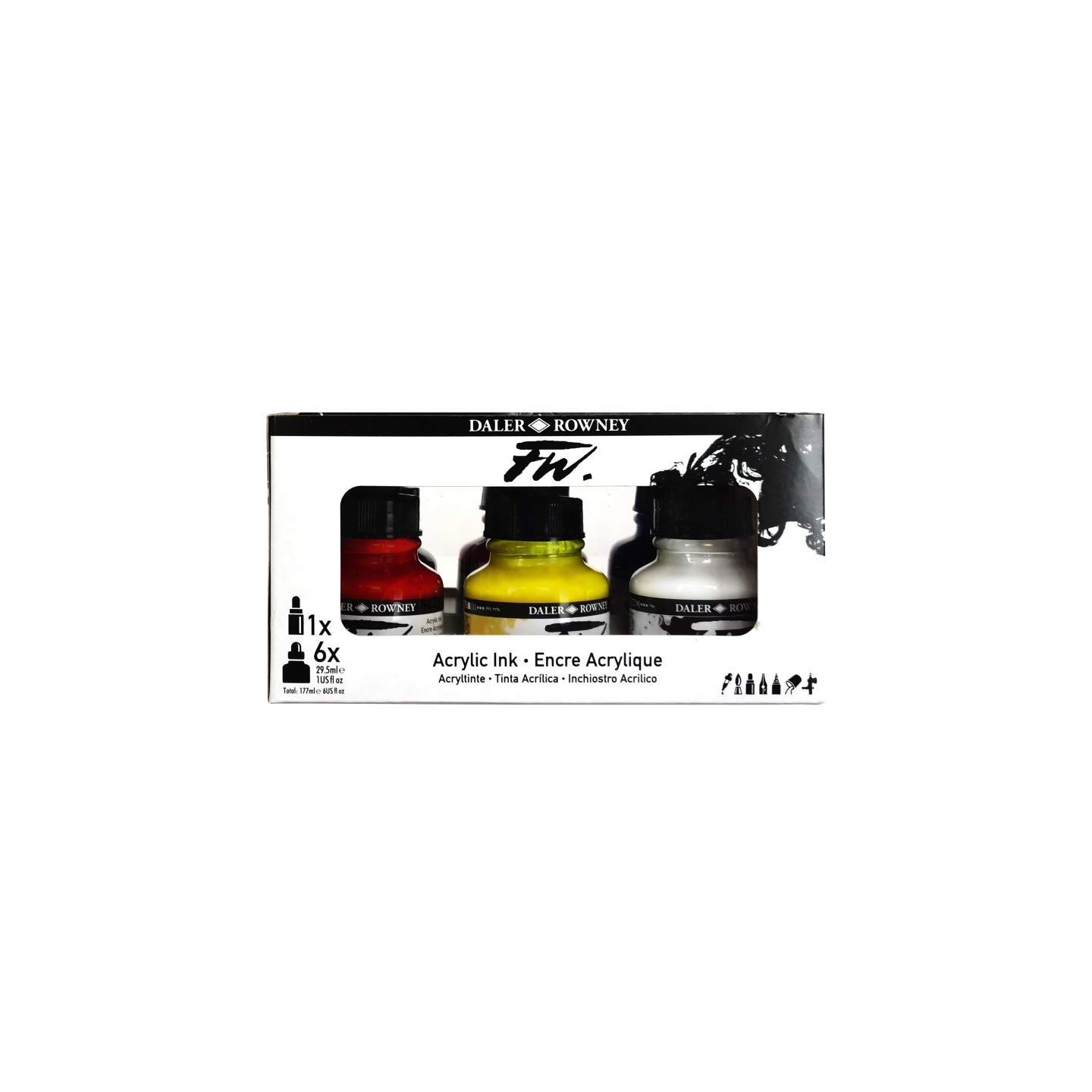 Daler-Rowney FW Acrylic Ink Primary Set with Empty Marker, Assorted Colors, 29.5ml, 6 Pieces
