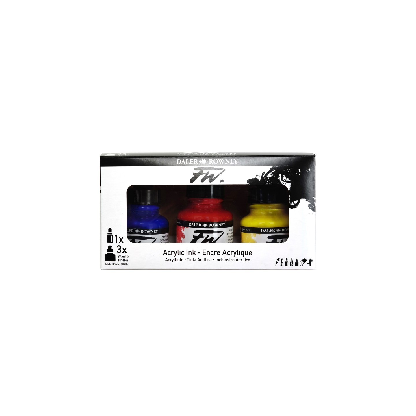 Daler-Rowney FW Acrylic Ink Primary Set with Empty Marker, Assorted Colors, 29.5ml, 3 Pieces