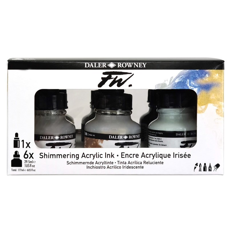 Daler-Rowney FW Acrylic Ink Shimmering Set with Empty Marker, Assorted Colors, 29.5ml, 6 Pieces