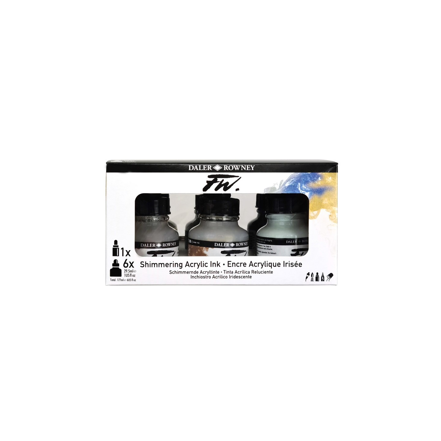 Daler-Rowney FW Acrylic Ink Shimmering Set with Empty Marker, Assorted Colors, 29.5ml, 6 Pieces