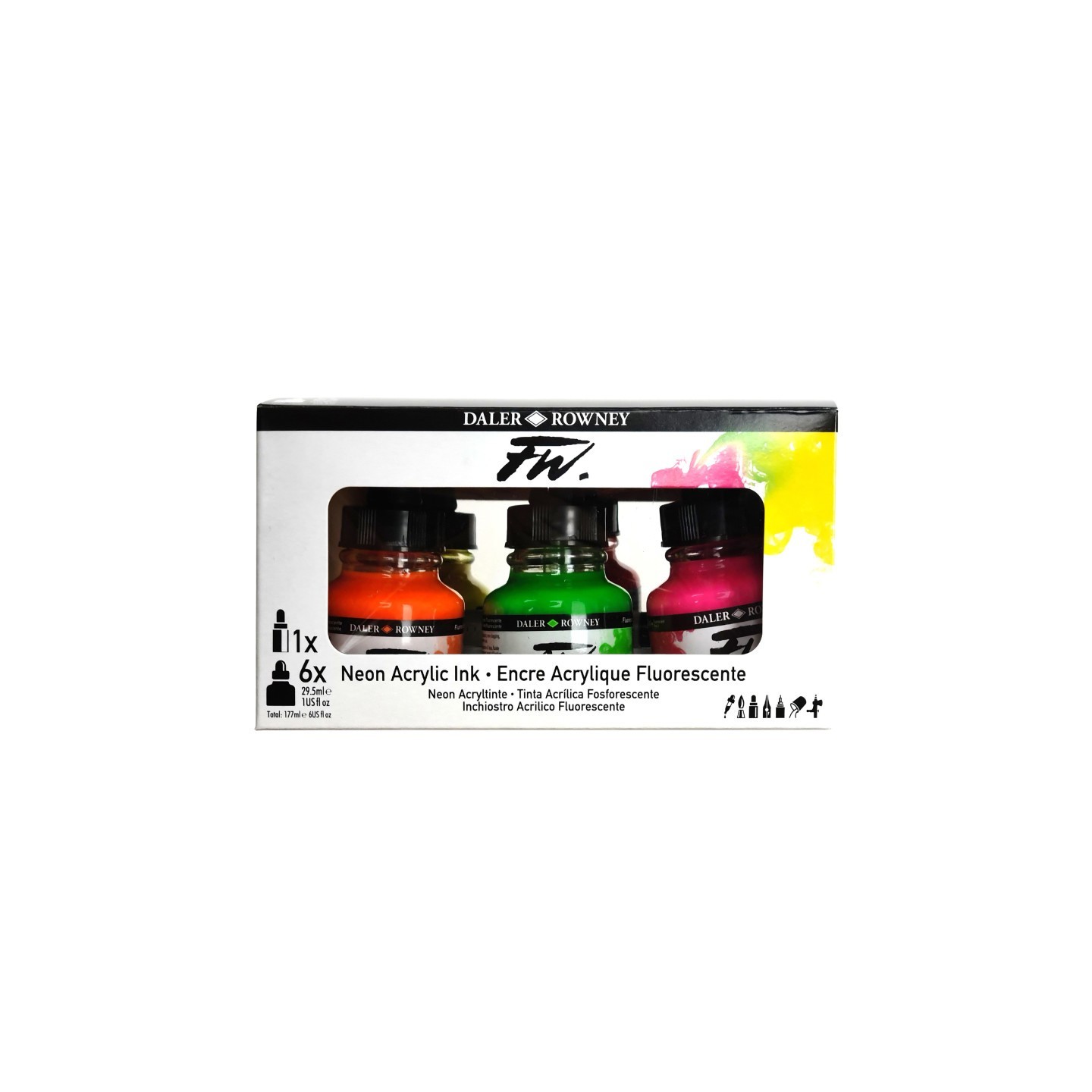 Daler-Rowney FW Acrylic Ink Neon Set with Empty Marker, Assorted Colors, 29.5ml, 6 Pieces