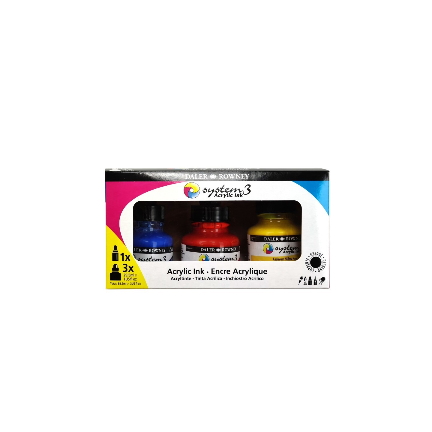 Daler-Rowney System3 Acrylic Ink Starter Set with Empty Marker, Assorted Colors, 29.5ml, 3 Pieces