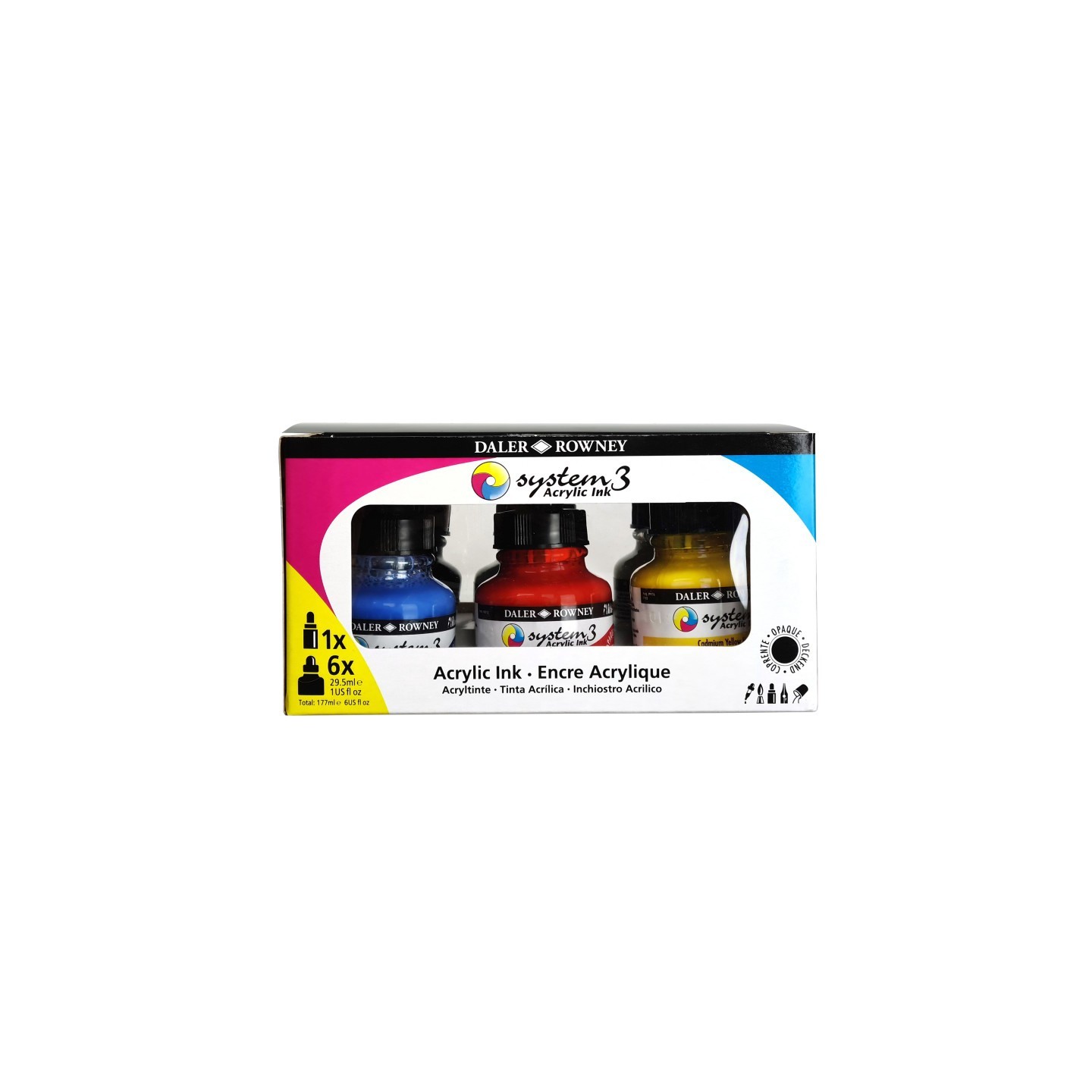 Daler-Rowney System3 Acrylic Ink Introduction Set with Empty Marker, Assorted Colors, 29.5ml, 6 Pieces