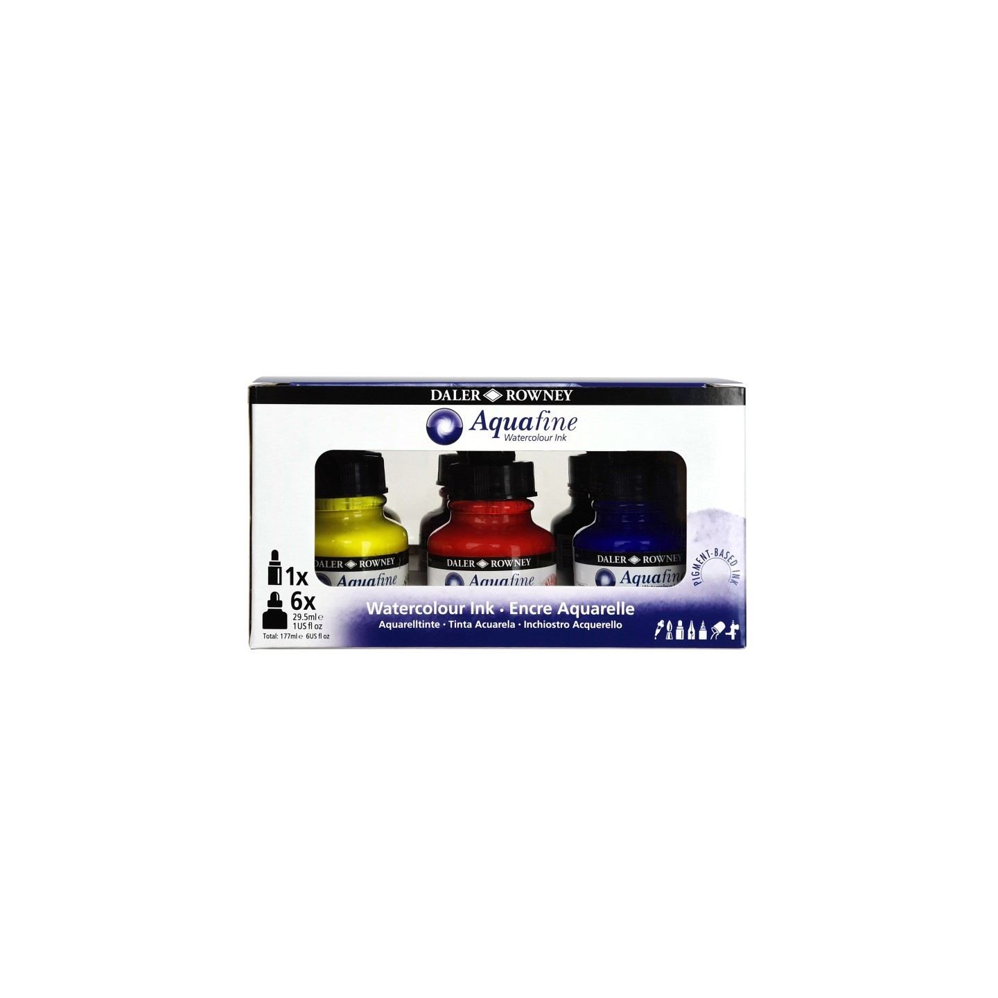 Daler-Rowney Aquafine Watercolor Ink Introduction Set with Empty Marker, Assorted Colors, 29.5ml, 6 Pieces