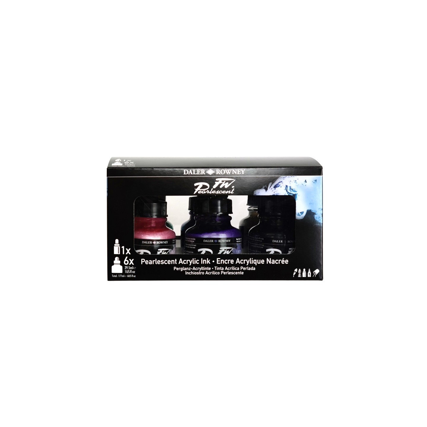 Daler-Rowney FW Acrylic Ink Pearlescent Set with Empty Marker, Assorted Colors, 29.5ml, 6 Pieces