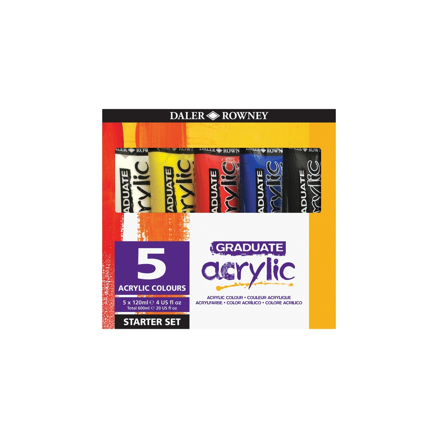 Daler-Rowney Graduate Acrylic Paint Starter Set, Assorted Colors, 120ml, 5 Pieces