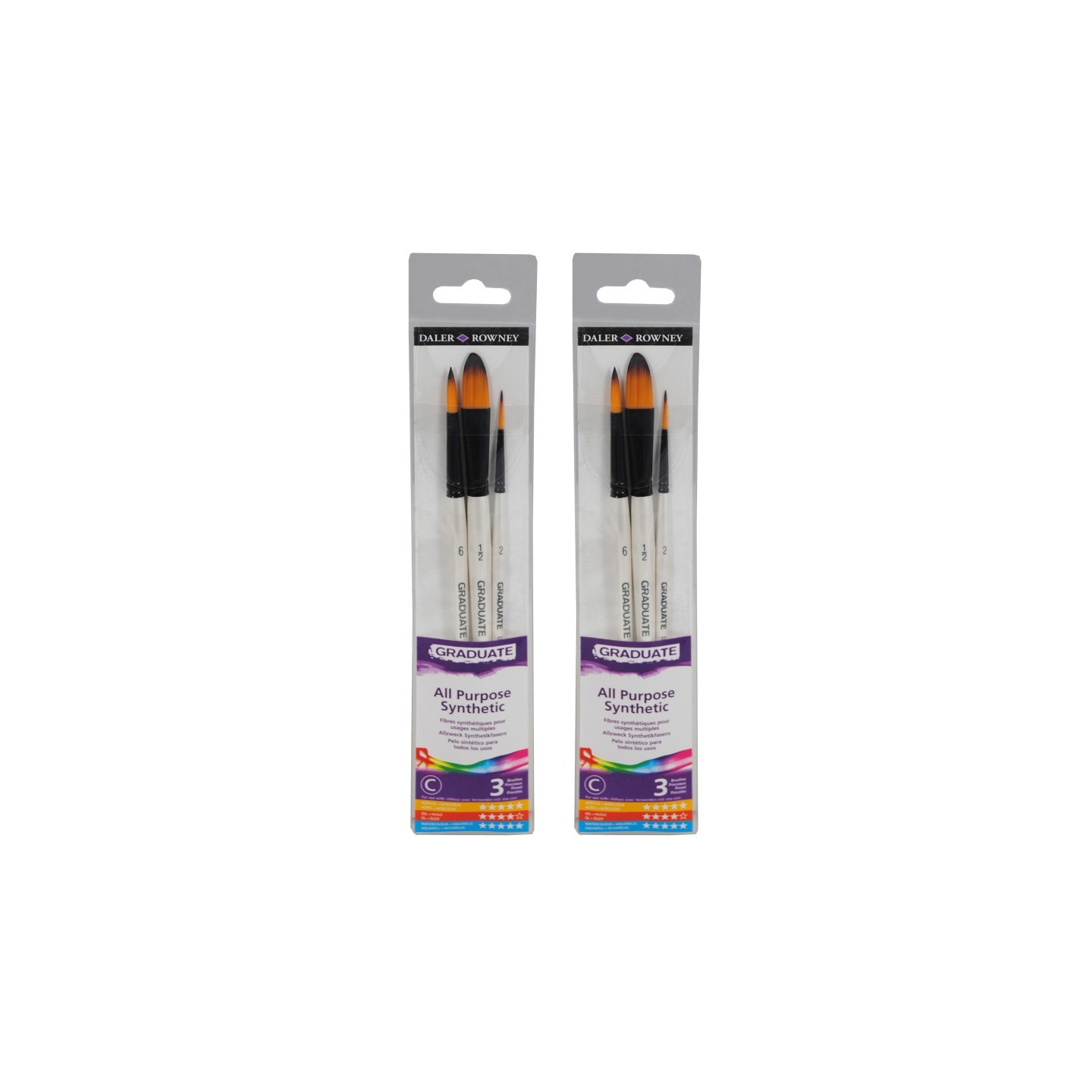 Daler-Rowney Graduate Watercolor Brush Set, Synthetic, 3 Pieces Per Set, 2 Sets