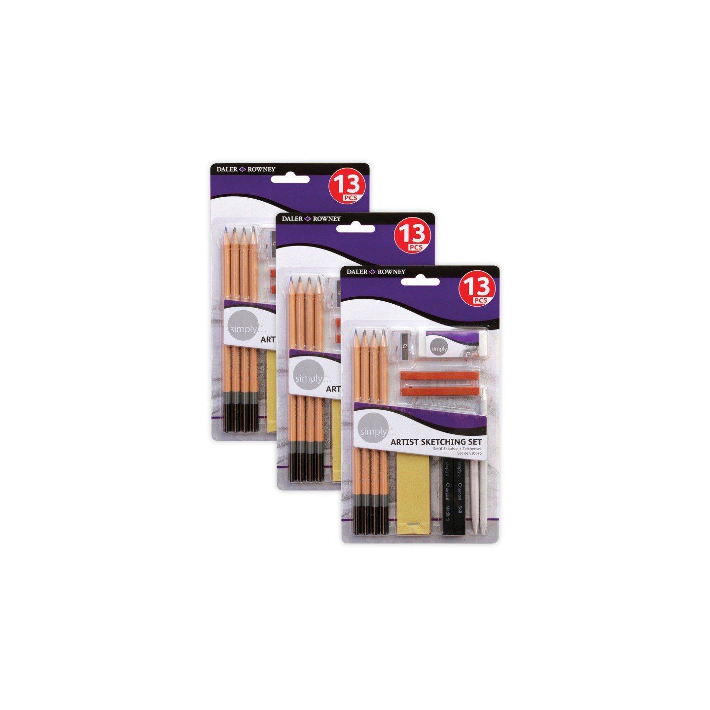 Daler-Rowney Simply... Sketching Pencils Set, 13 Per Set, 3 Sets