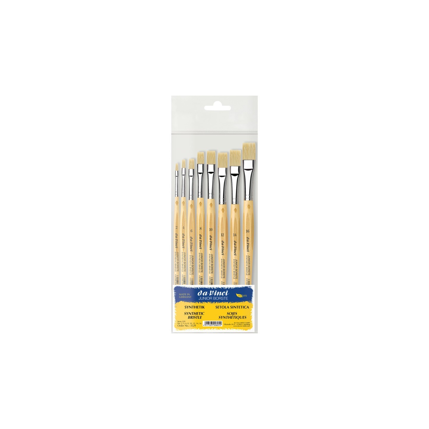 da Vinci JUNIOR BORSTE Synthetic Student Brush, Synthetic, All Paint Types, Flat, Series 329, Assorted Sizes, 8 Brush Set