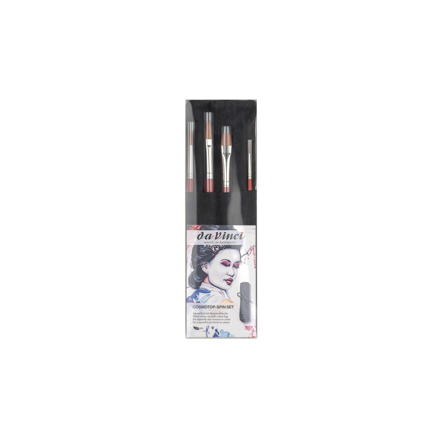 da Vinci COSMOTOP-SPIN Watercolor Brushes, Synthetic, Assorted, 4 Brush Set in Black Cloth Carrying Bag
