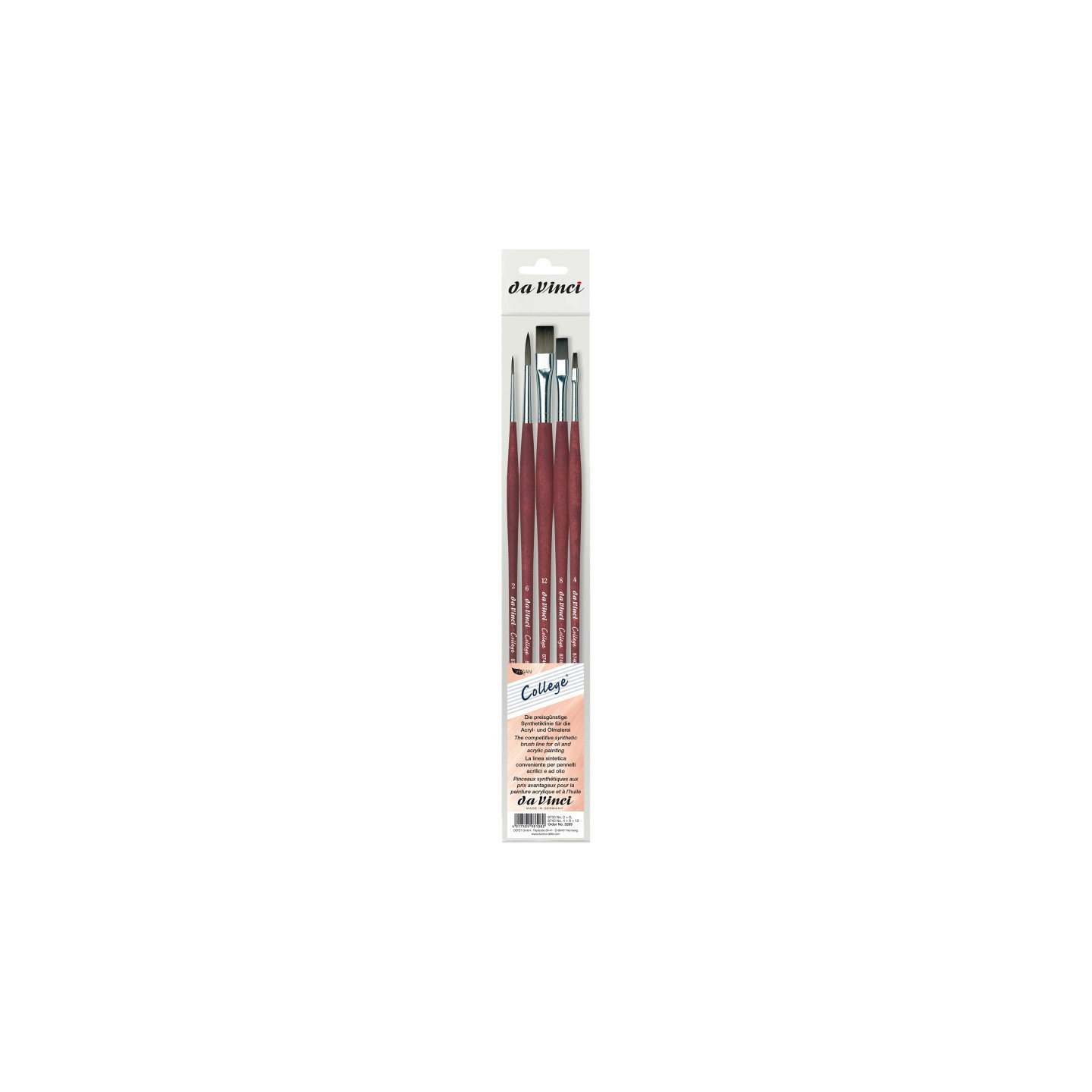 da Vinci COLLEGE Student Brush, Synthetic, Acrylic & Oil, Assorted, 5 Brush Set