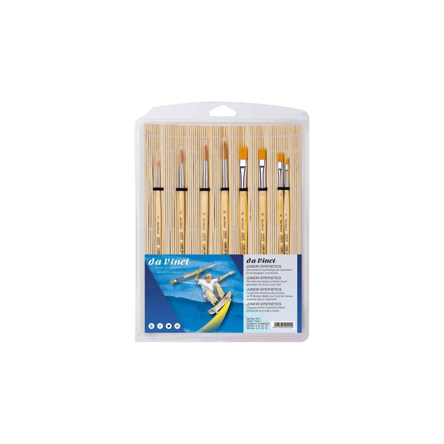 da Vinci JUNIOR Synthetics Student Brushes, Synthetic, Acrylic & Tempera, Assorted, 8 Brush Set in Bamboo Mat
