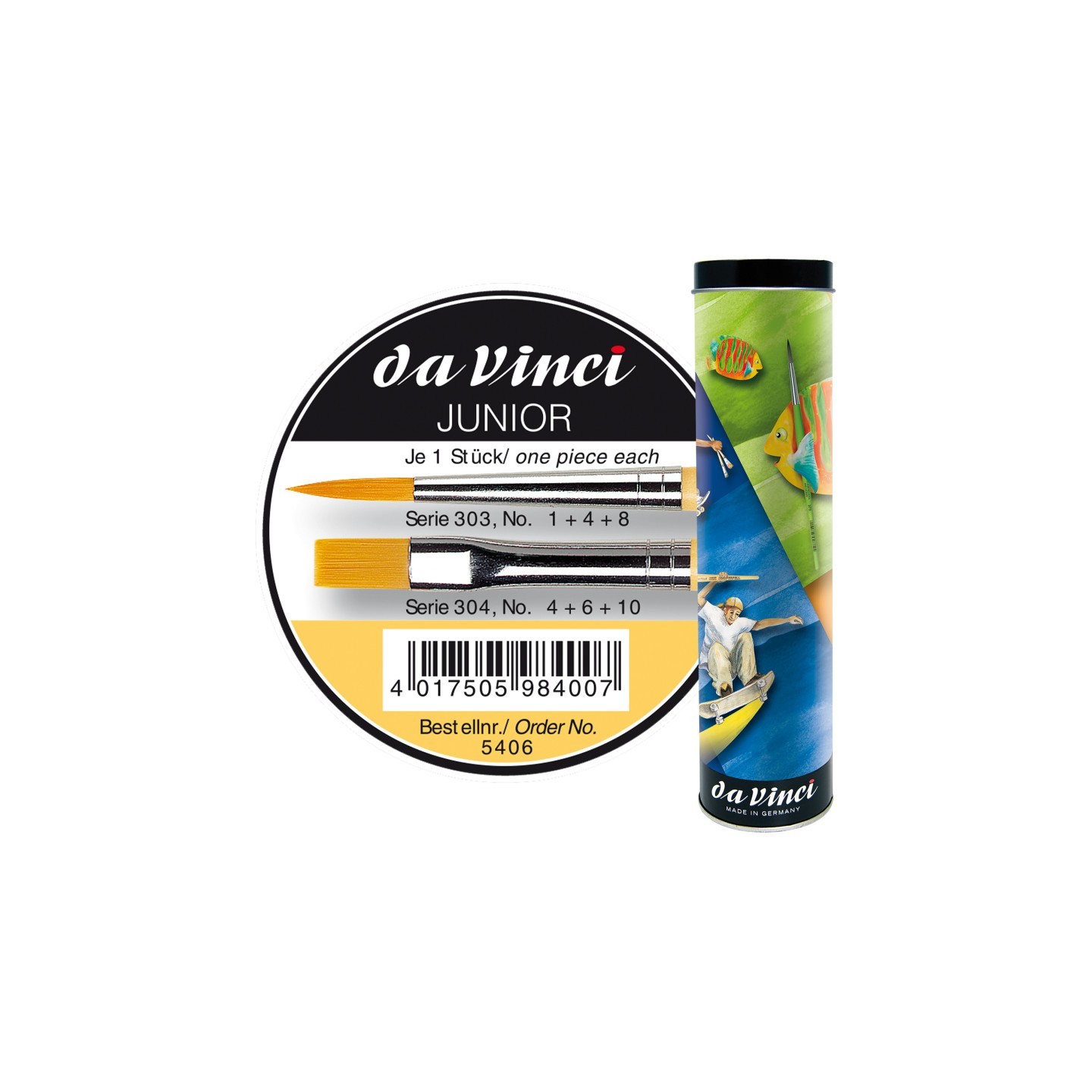 da Vinci JUNIOR Synthetics Student Brushes, Synthetic, Acrylic & Tempera, Assorted, 6 Brush Set in Tin