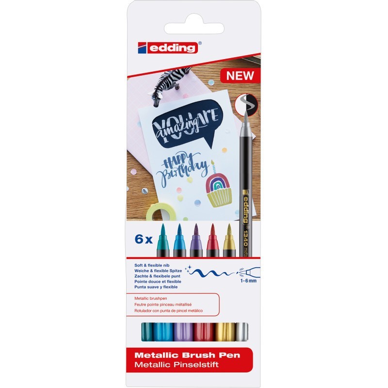 edding 1340 Series Metallic Brush Pens, Assorted Colors, Set of 6