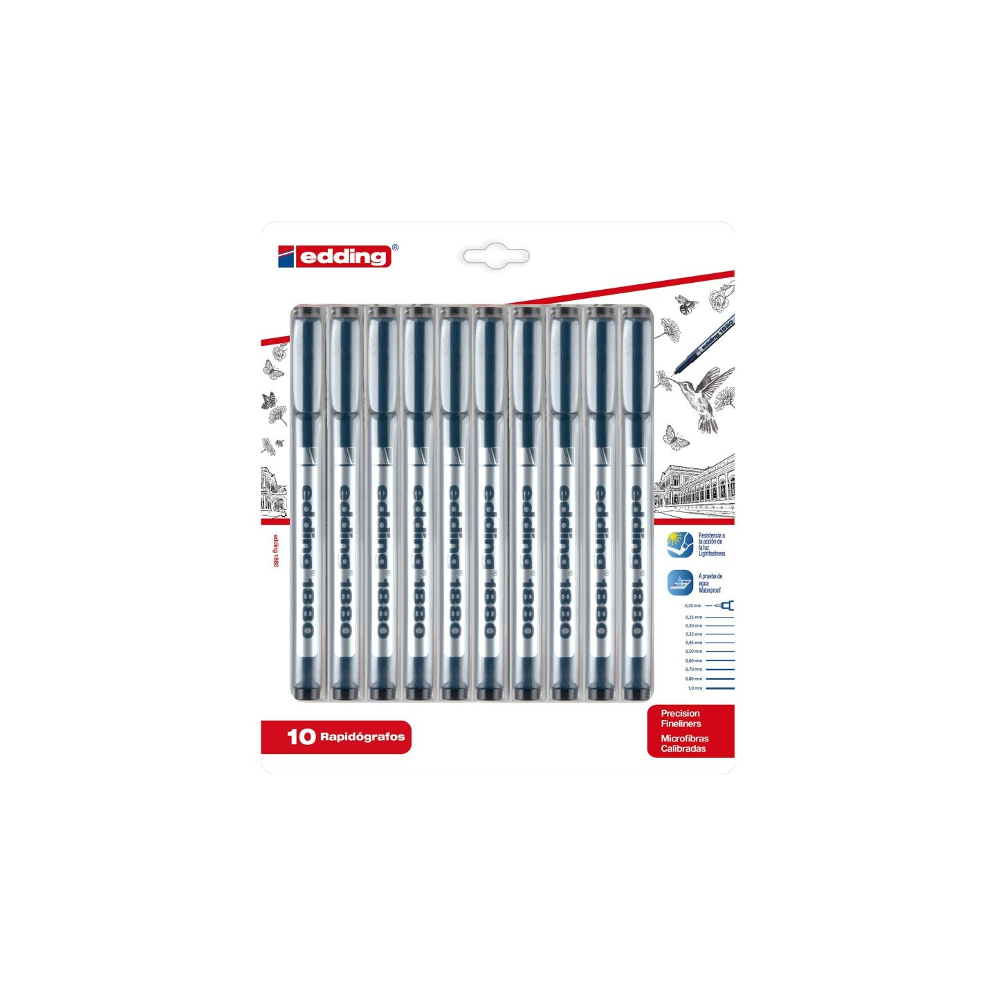 edding 1880 Series Drawliner Pen, Assorted Sizes, Black, Set of 10
