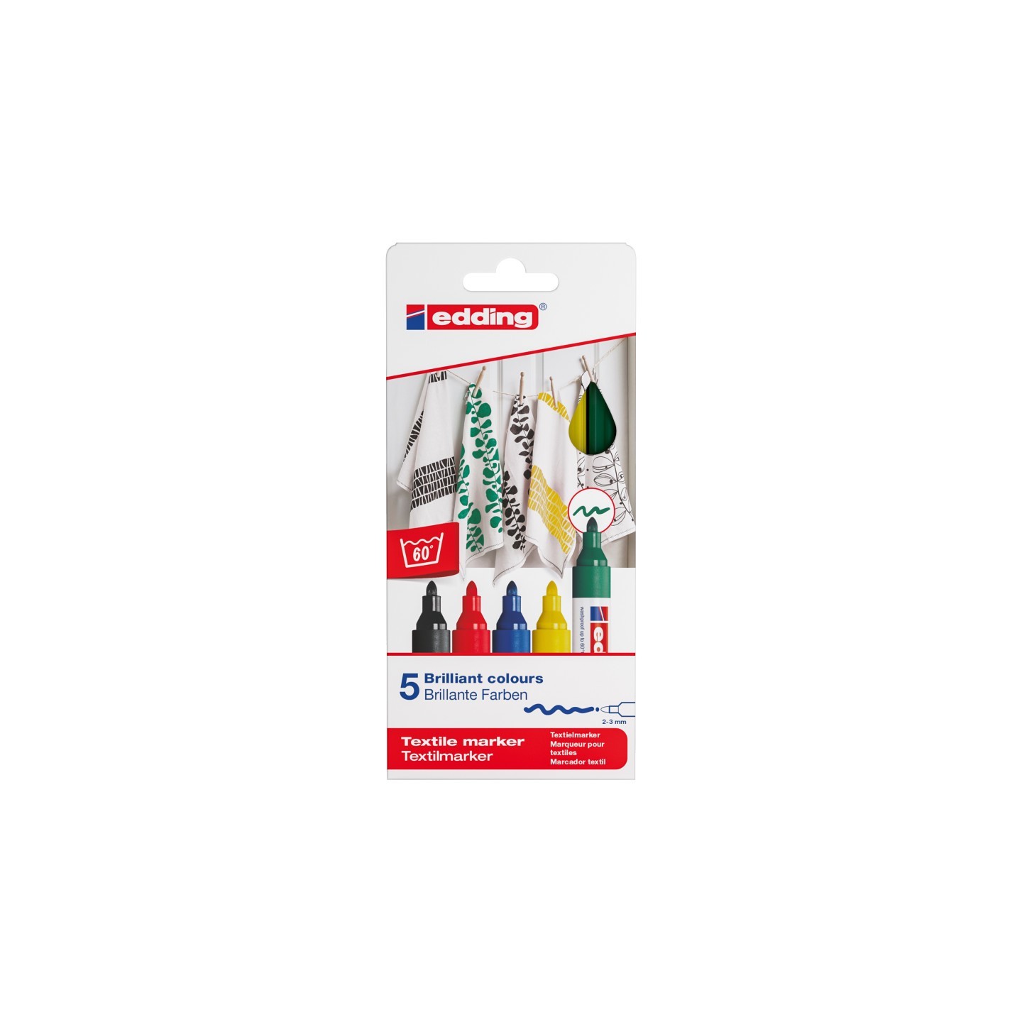edding 4500 Series Textile Marker, Assorted Basic Colors, Set of 5