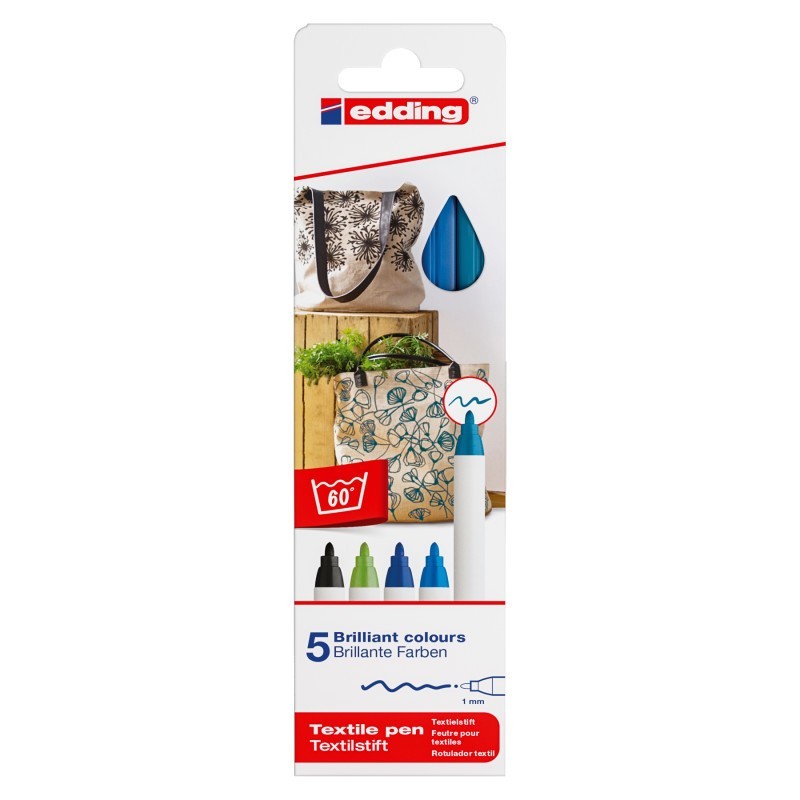 edding 4600 Series Textile Pen, Cool Colors, Set of 5