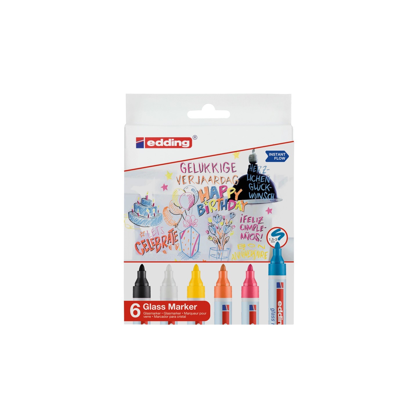 edding 95 Series Glass Marker, Assorted Colors, Set of 6