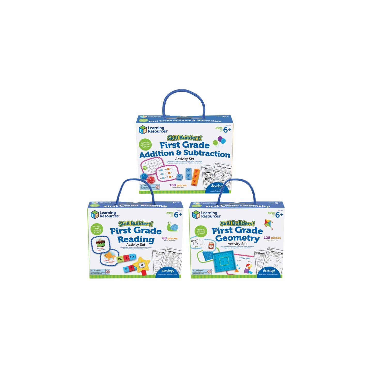 Learning Resources Skill Builders! 1st Grade Activity Set 3-Pack, Reading, Addition & Subtraction, Geometric Shapes