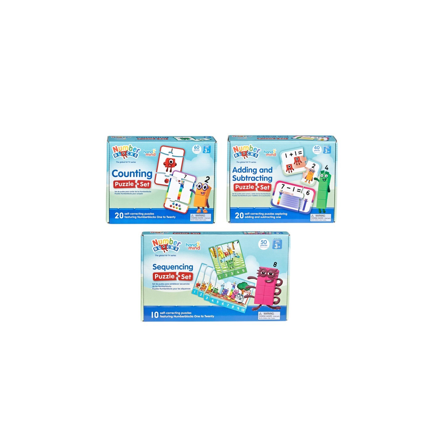 Hand2Mind Numberblocks Puzzle Set 3-Pack, Counting, Addition & Subtraction, Sequencing