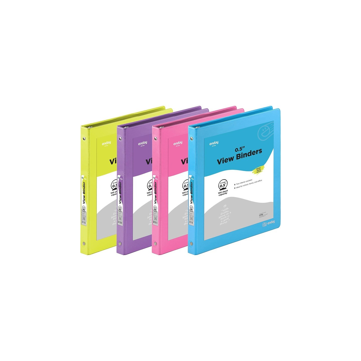 enday 3-Ring View Binder, O-Ring, Assorted Colors, 1/2 Inch, Pack of 4