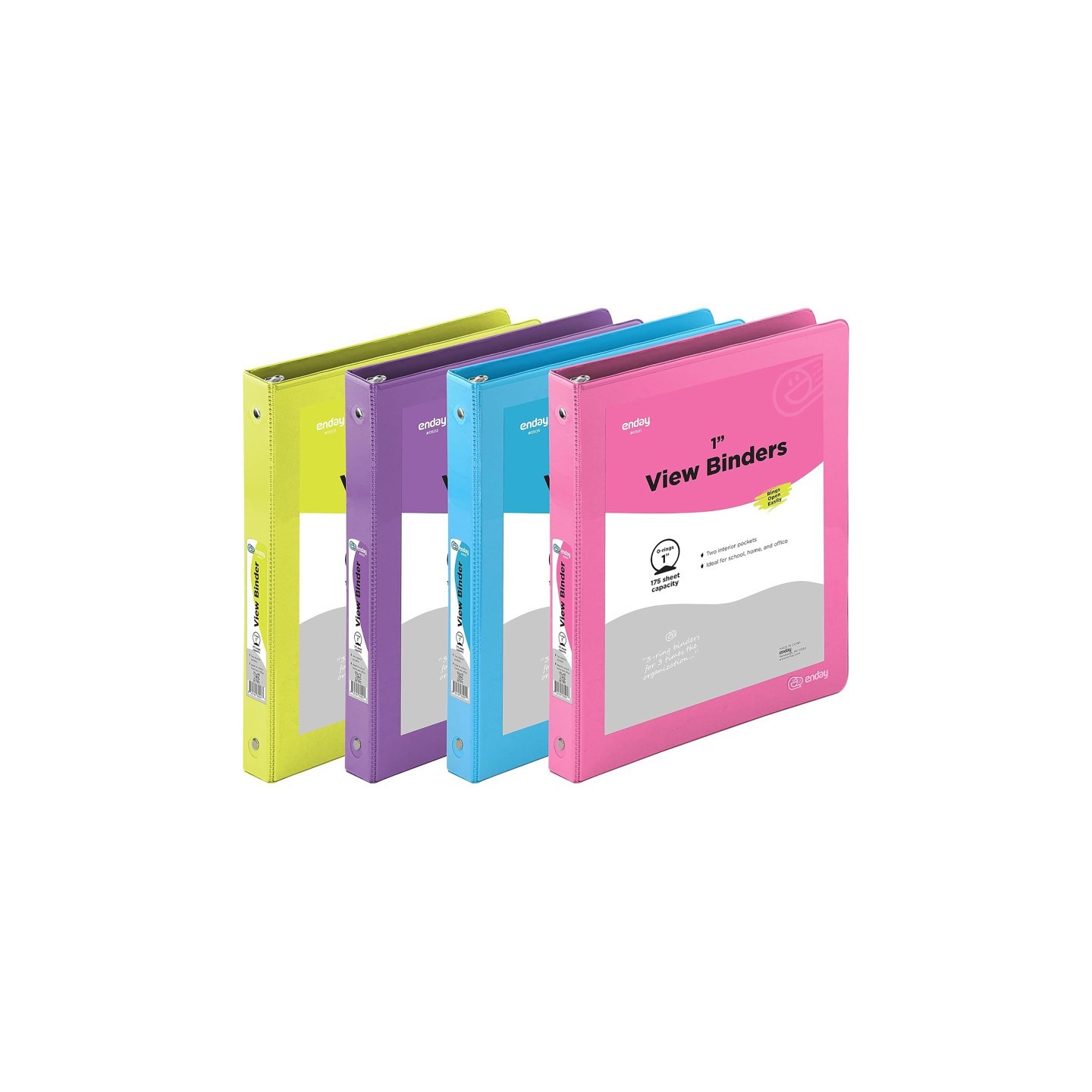 enday 3-Ring View Binder, O-Ring, Assorted Colors, 1 Inch, Pack of 4