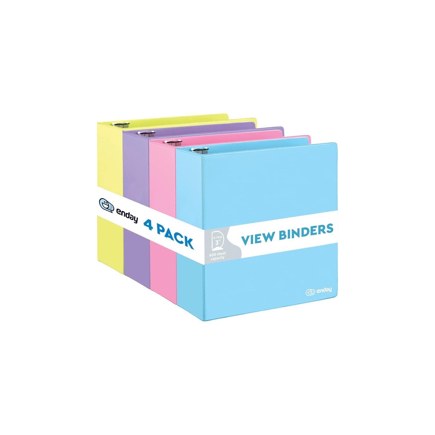 enday 3-Ring View Binder, Slant D-Ring, Assorted Colors, 3 Inch, Pack of 4