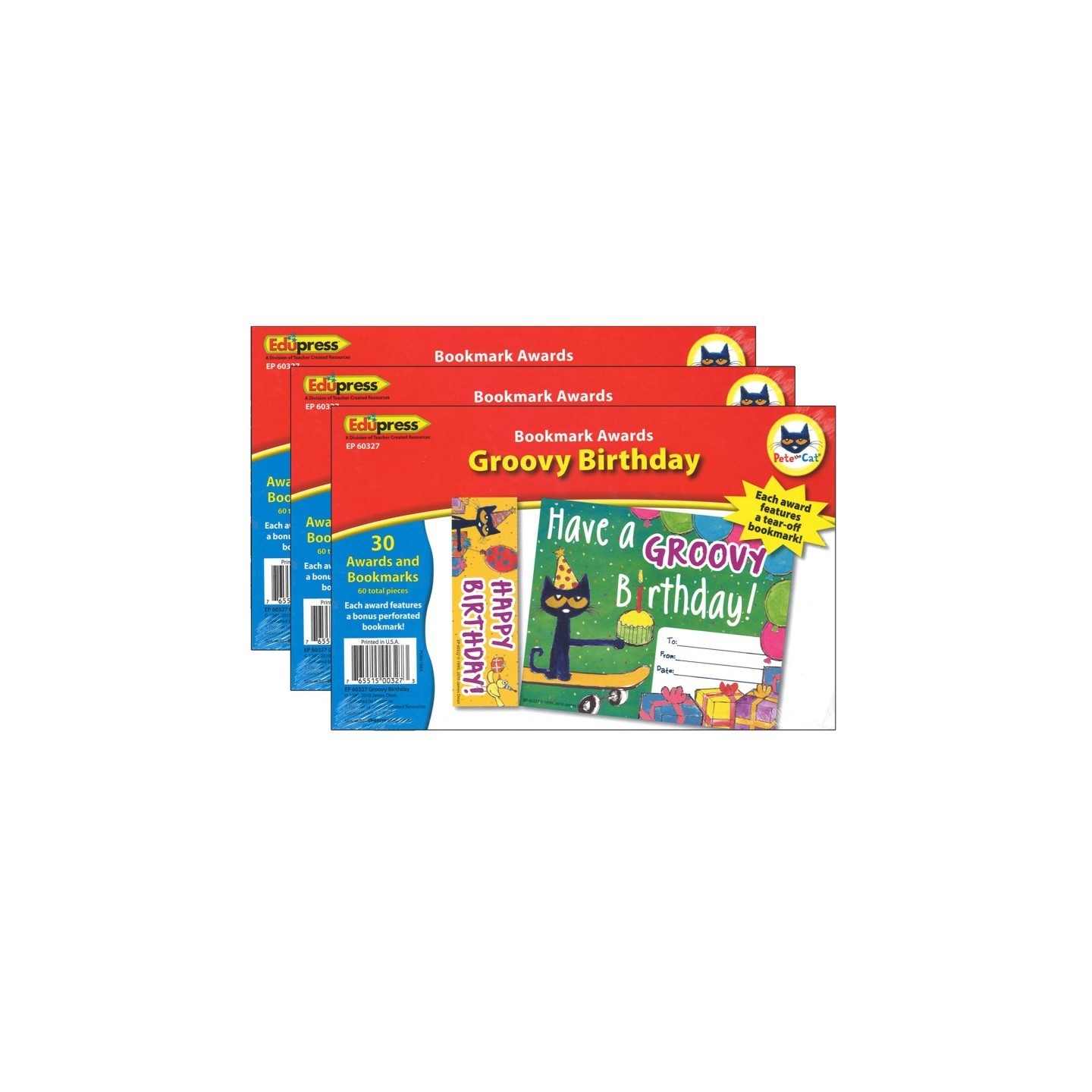 Edupress™ Pete the Cat Groovy Birthday Bookmark Awards, 30 Per Pack, 3 Packs