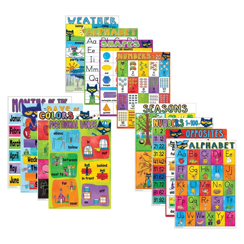 Edupress™ Pete the Cat Early Learning Small Poster Pack, 11" x 15-3/4", Pack of 12