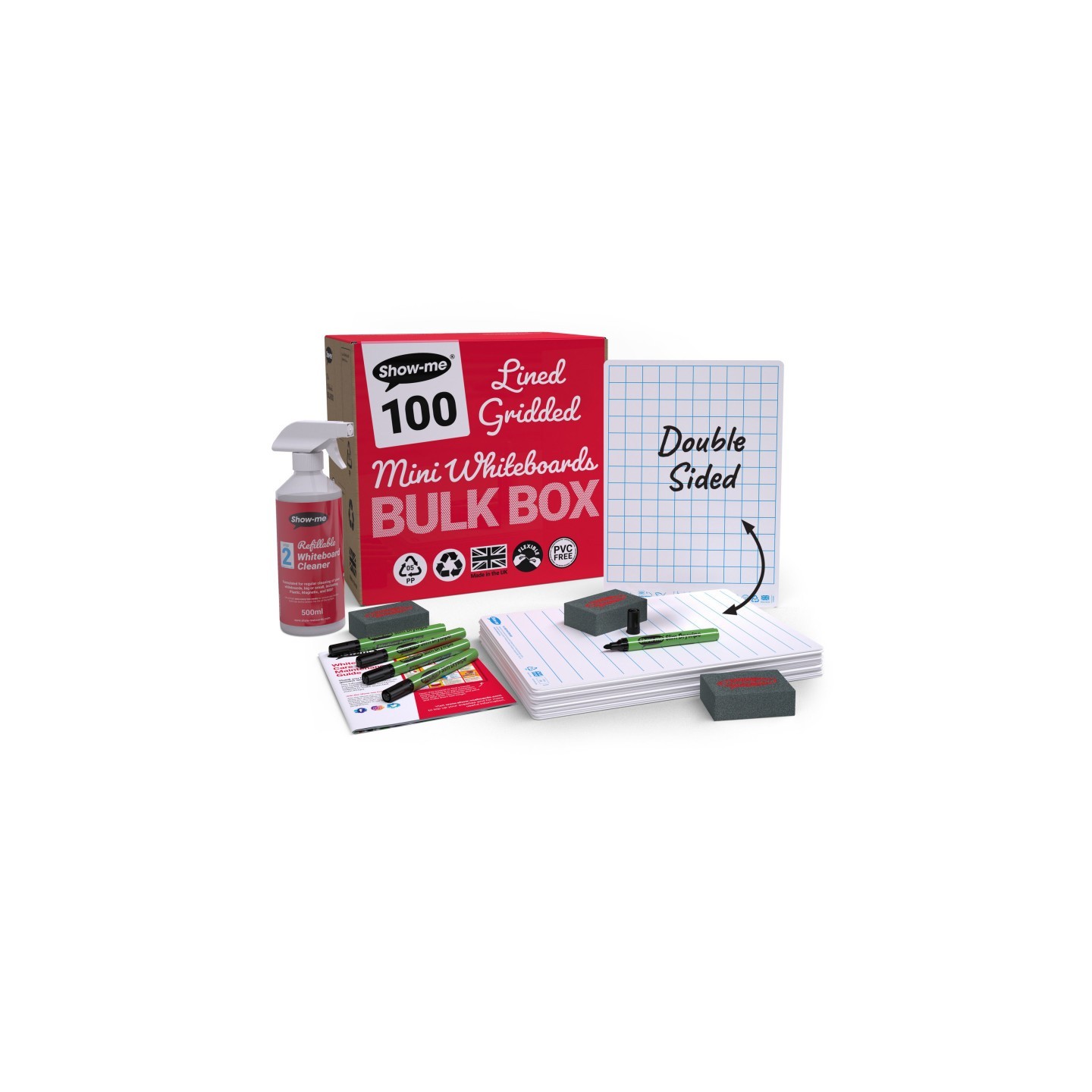 Show-me® Bulk Box of 100 x Lined/Gridded Double Sided 8" x 12" Lapboards, with Pens, Erasers, Cleaner