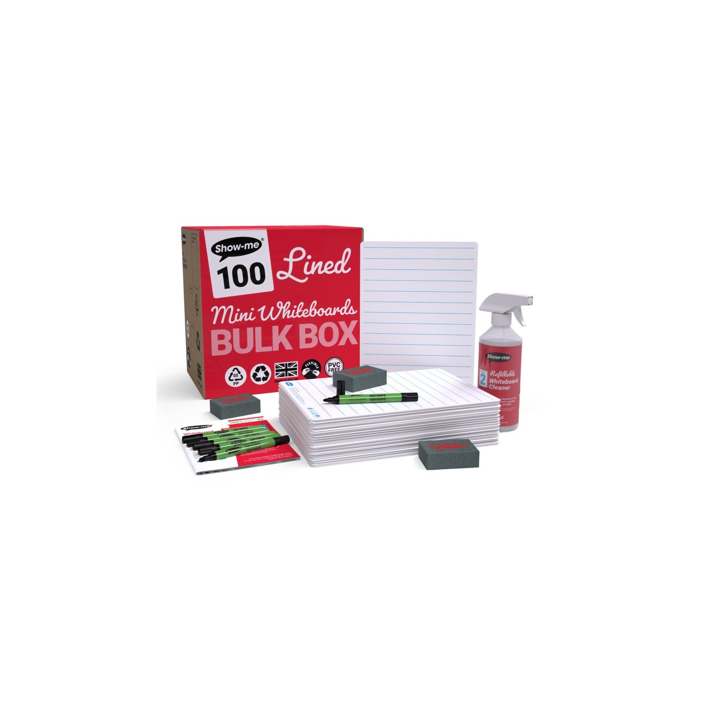 Show-me® Bulk Box of 100 x Lined/Plain 8" x 12" Lapboards, with Pens, Erasers, Cleaner