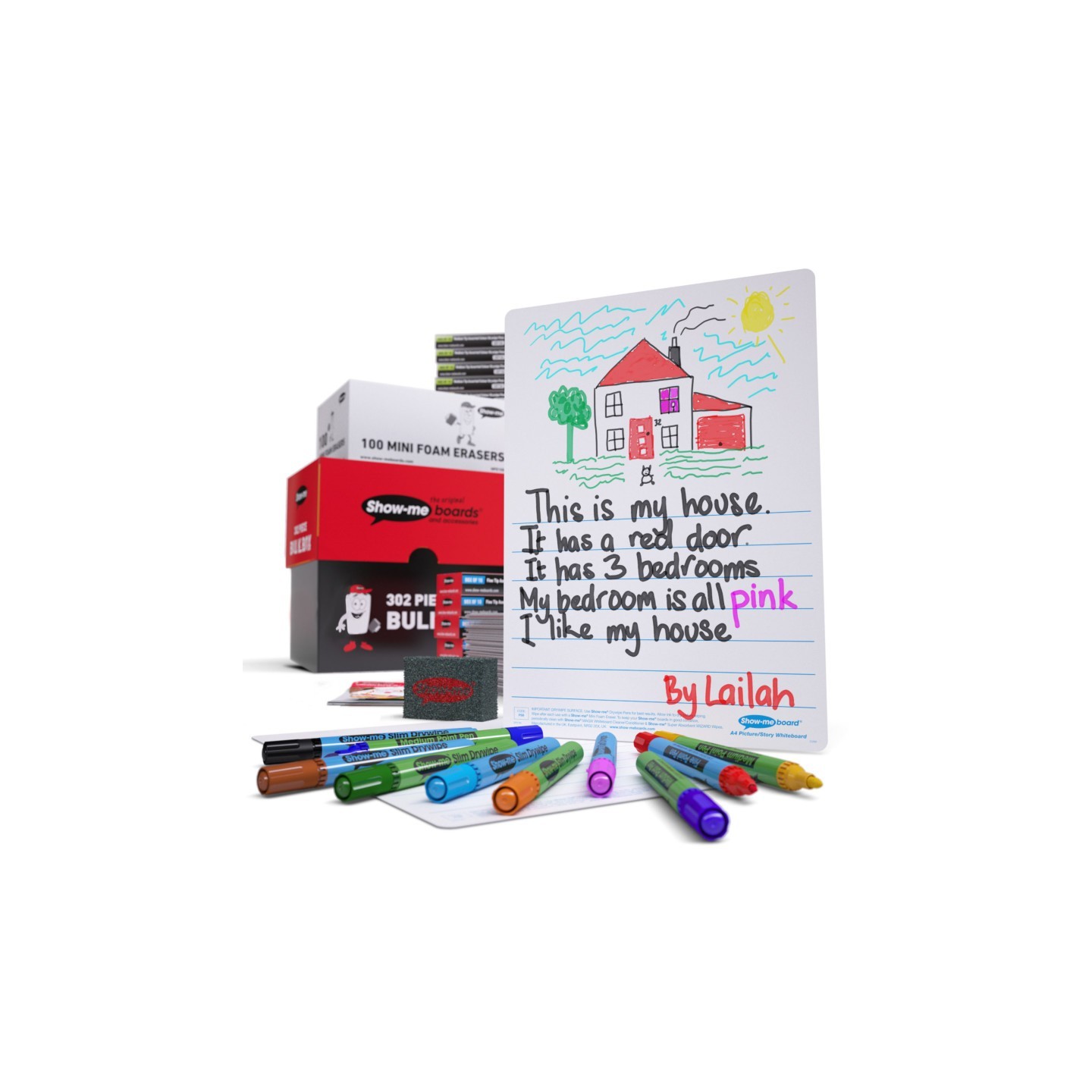 Show-me® Bulk Box of 100 x Picture Story 8" x 12" Lapboards, with Pens, Erasers, Cleaner