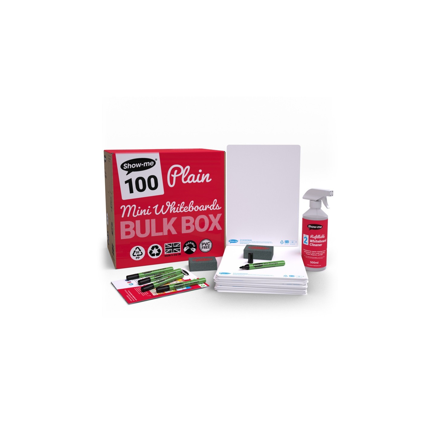 Show-me® Bulk Box of 100 x Plain/Plain 8" x 12" Whiteboards, with Pens, Erasers, Cleaner