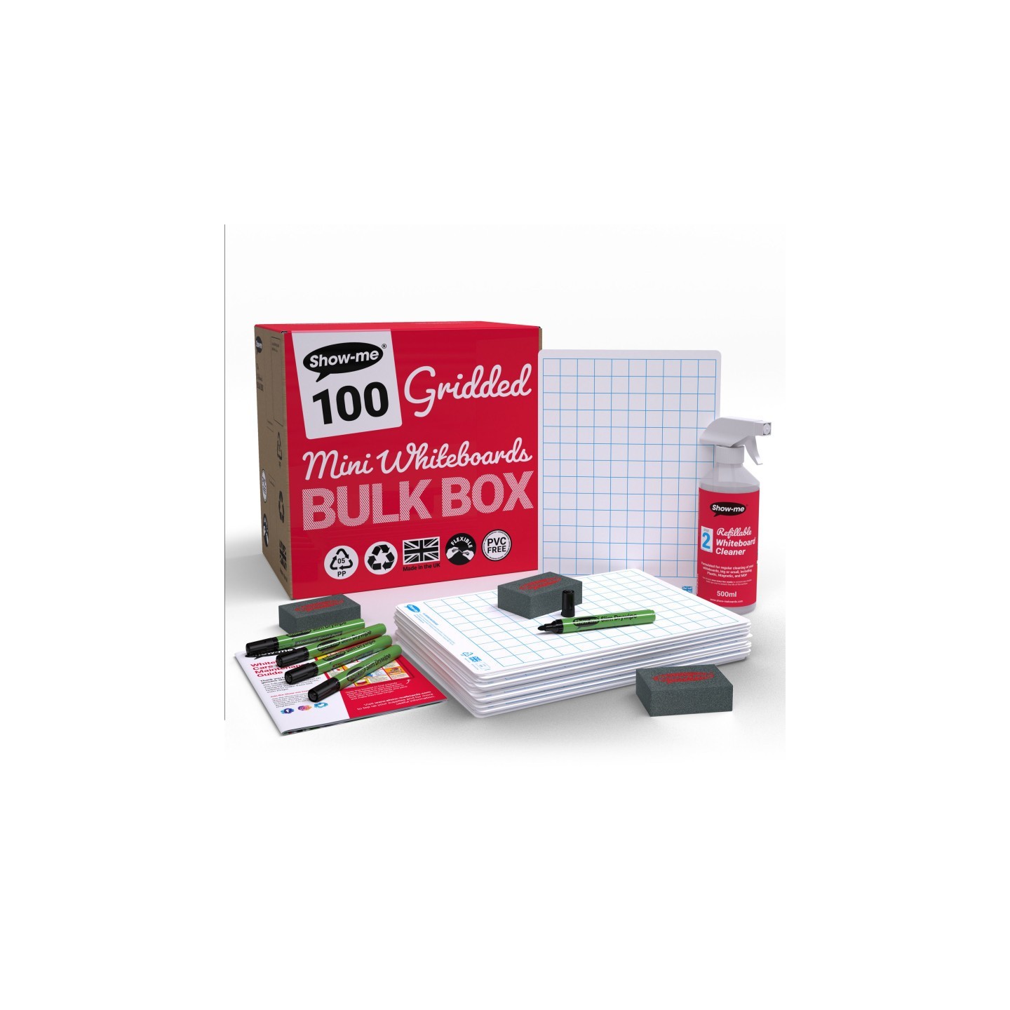 Show-me® Bulk Box of 100 x Gridded/Plain 8" x 12" Lapboards, with Pens, Erasers, Cleaner