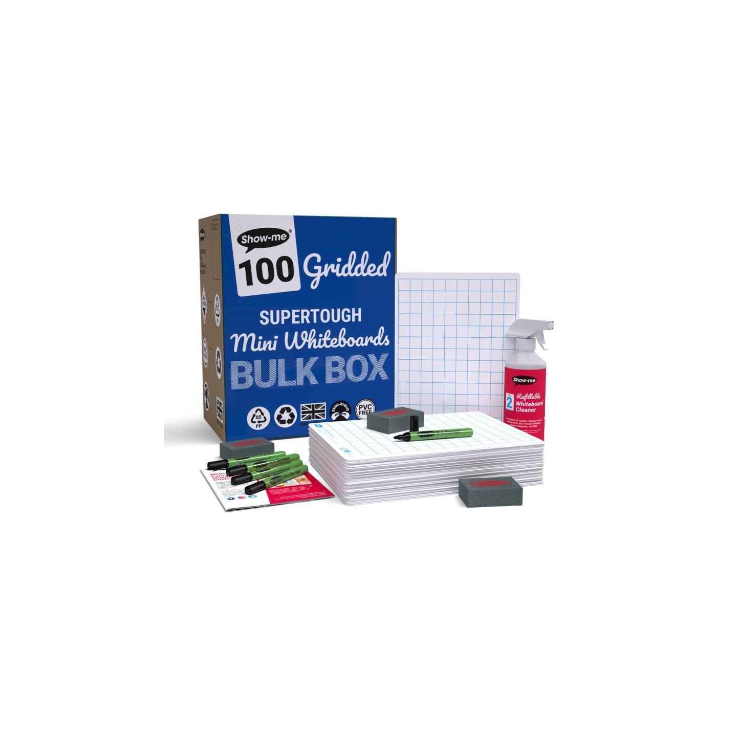 Show-me® Bulk Box of 100 x Gridded/Plain SUPERTOUGH 8" x 12" Lapboards, with Pens, Erasers, Cleaner
