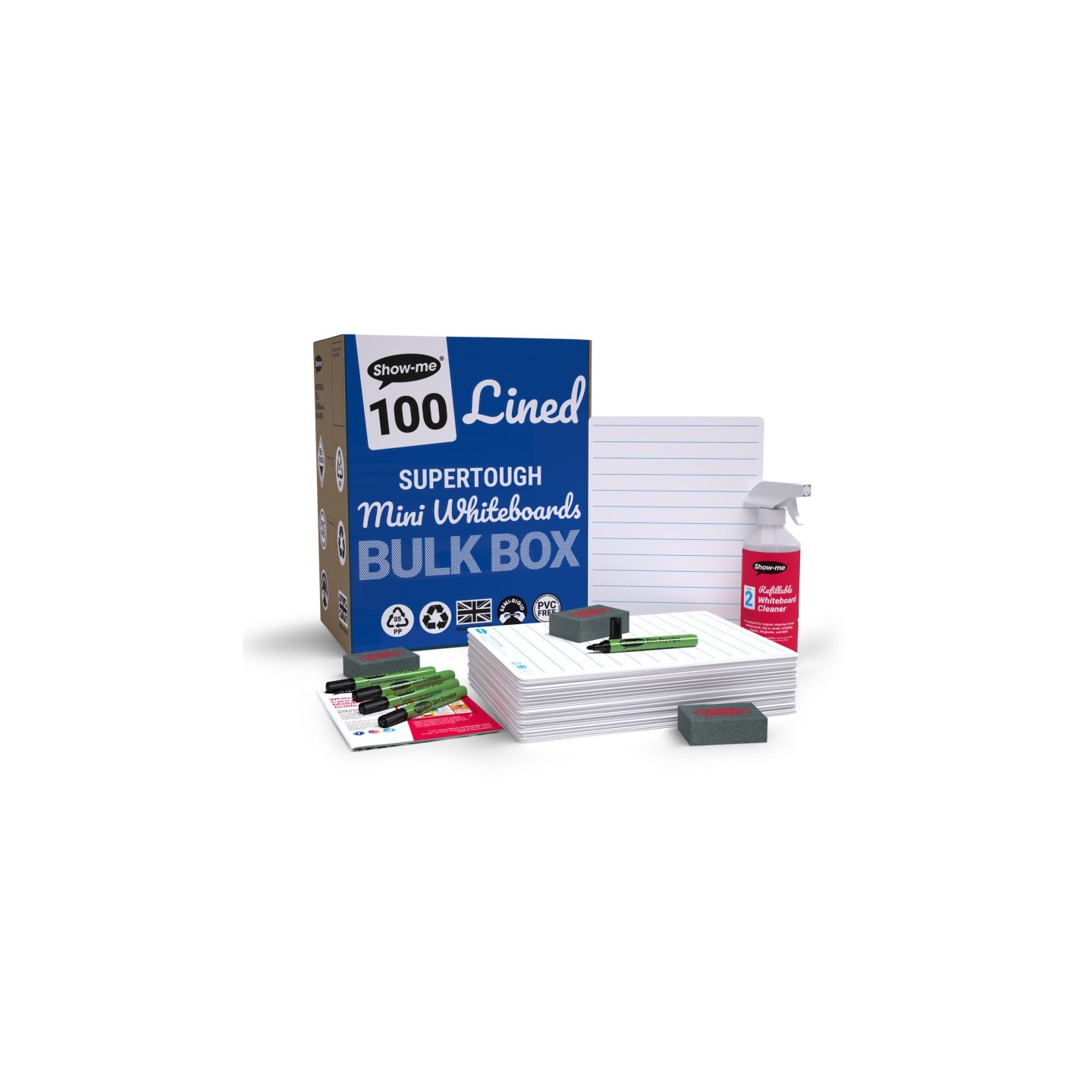 Show-me® Bulk Box of 100 x Lined/Plain SUPERTOUGH 8" x 12" Lapboards, with Pens, Erasers, Cleaner
