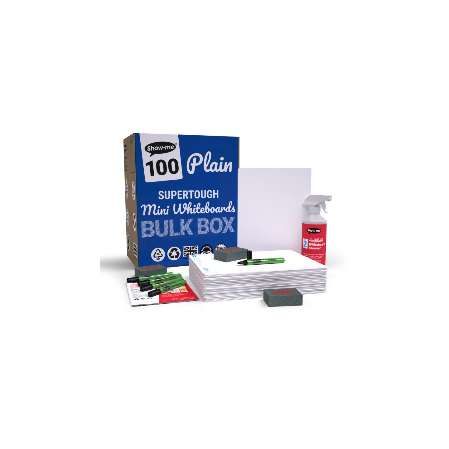 Show-me® Bulk Box of 100 x Plain/Plain SUPERTOUGH 8" x 12" Whiteboards, with Pens, Erasers, Cleaner
