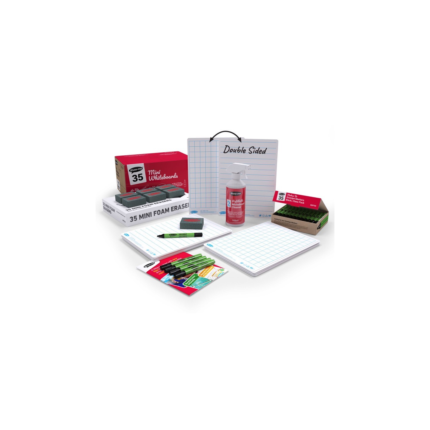 Show-me® Classpack of 35 x Lined/Gridded Double Sided 8" x 12" Lapboards, with Pens, Erasers, Cleaner