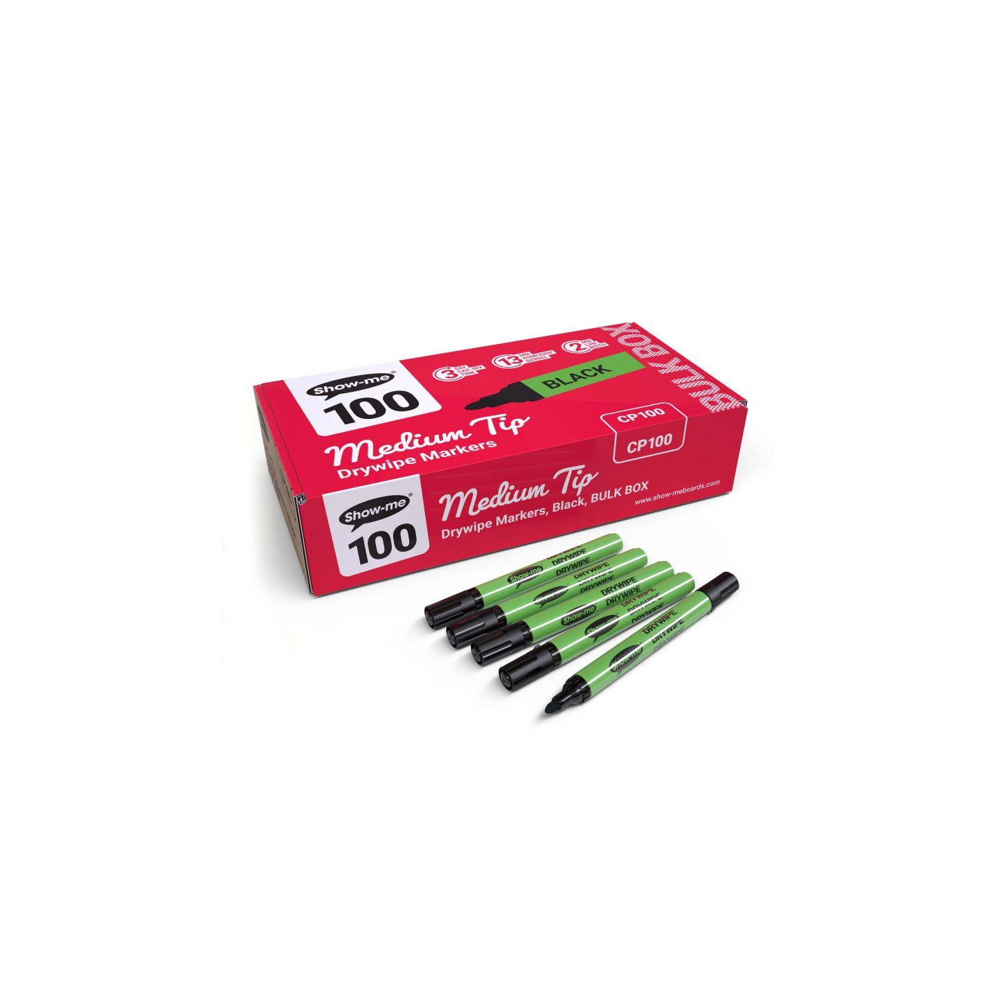 Show-me® Medium Tip Slim Barrel Dry Erase Markers, Black, Classbox of 100