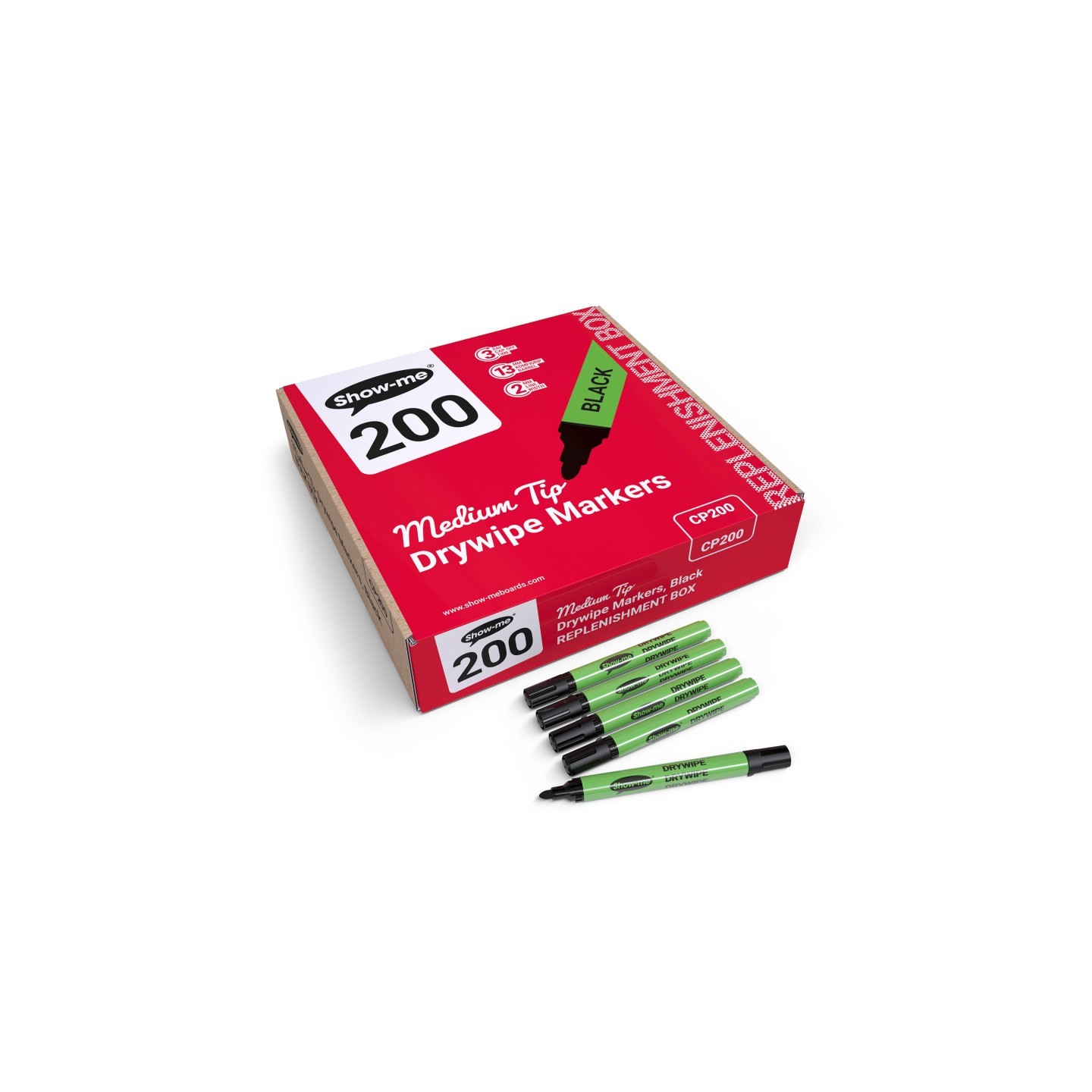Show-me® Medium Tip Slim Barrel Dry Erase Markers, Black, Box of 200