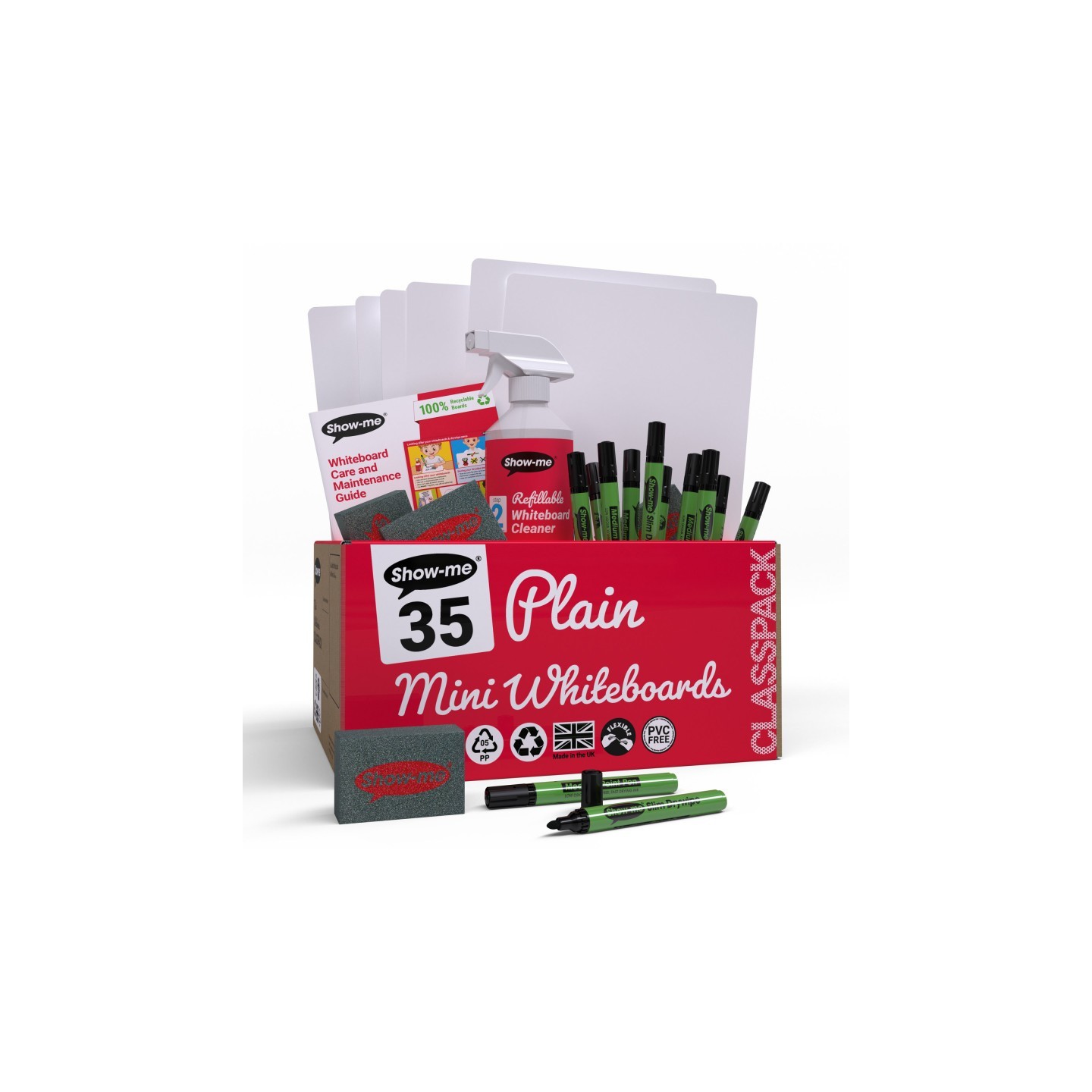 Show-me® Classpack of 35 x Plain/Plain 8" x 12" Whiteboards, with Pens, Erasers, Cleaner