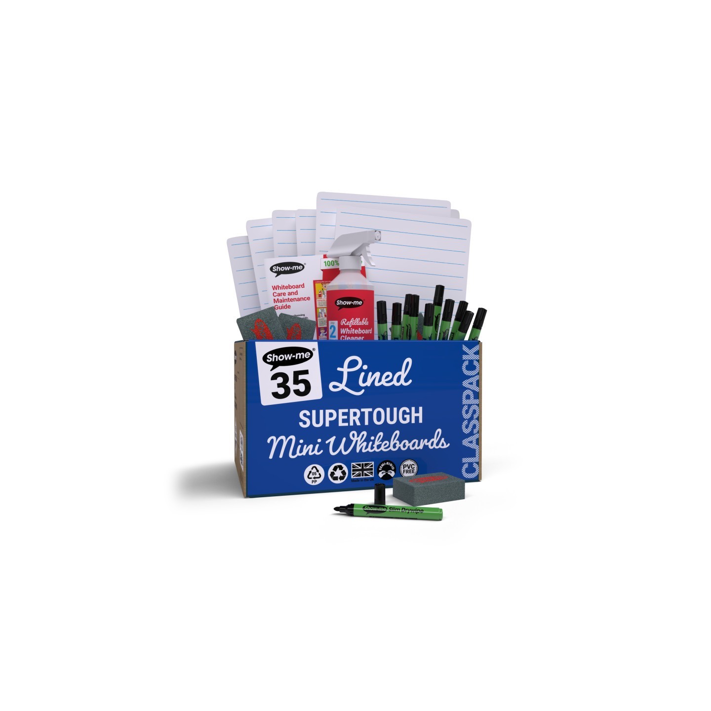 Show-me® Classpack of 35 x Lined/Plain SUPERTOUGH 8" x 12" Lapboards, with Pens, Erasers, Cleaner