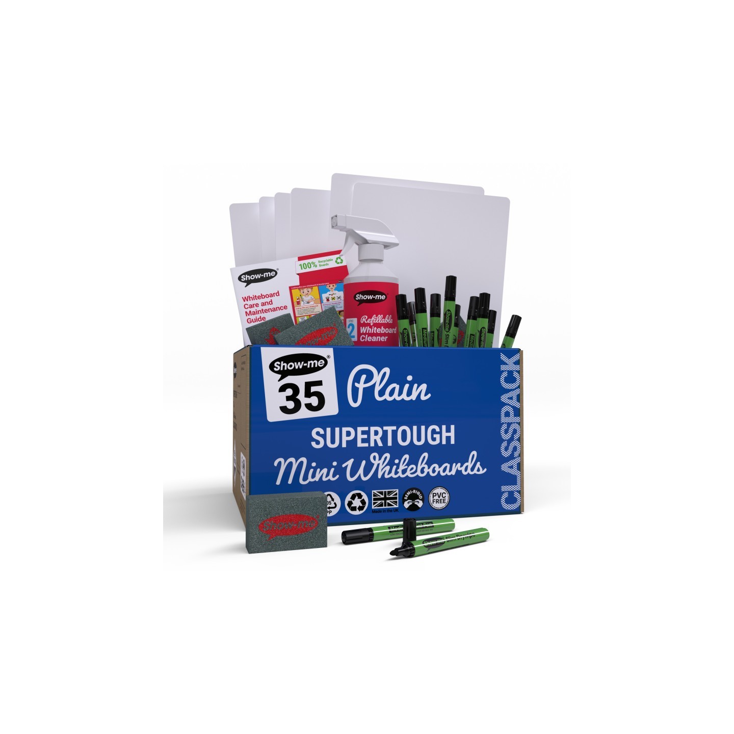 Show-me® Classpack of 35 x Plain/Plain SUPERTOUGH 8" x 12" Lapboards, with Pens, Erasers, Cleaner