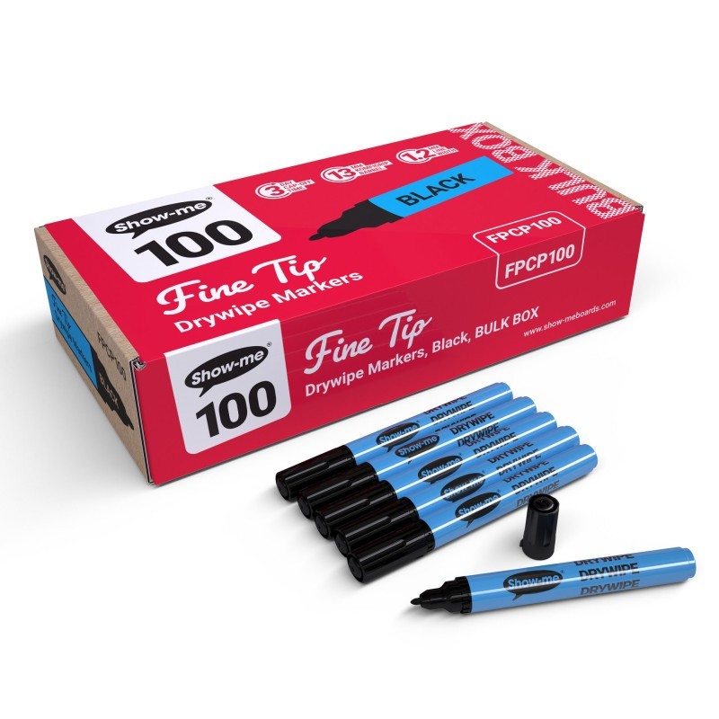 Show-me® Fine Tip Slim Barrel Dry Erase Markers, Black, Classbox of 100