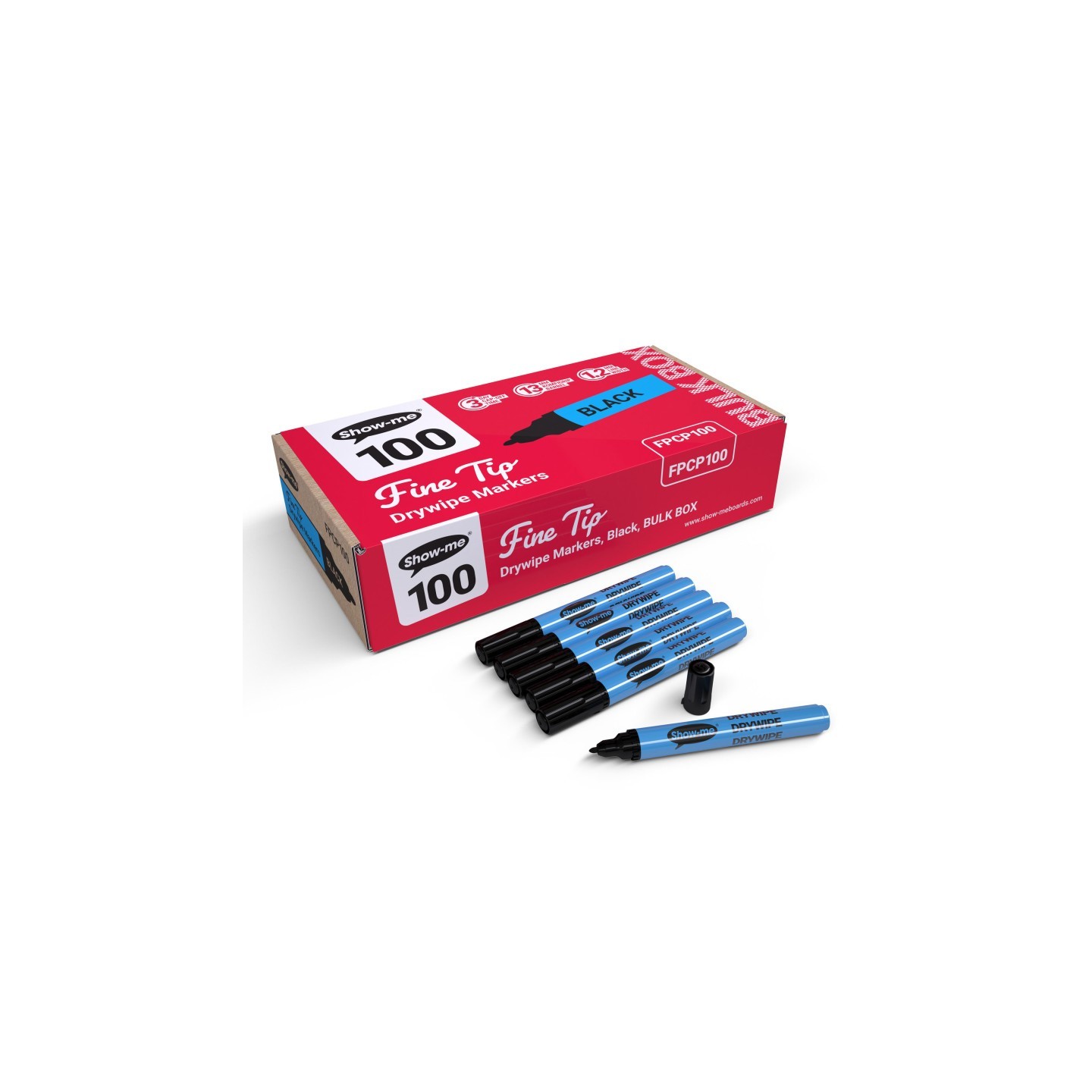 Show-me® Fine Tip Slim Barrel Dry Erase Markers, Black, Classbox of 100